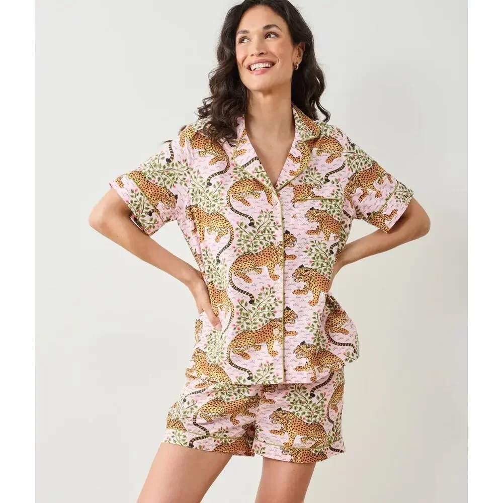 Printfresh Pajama Set Womens Medium Leopard Floral Cotton Short Sleeve Pink M